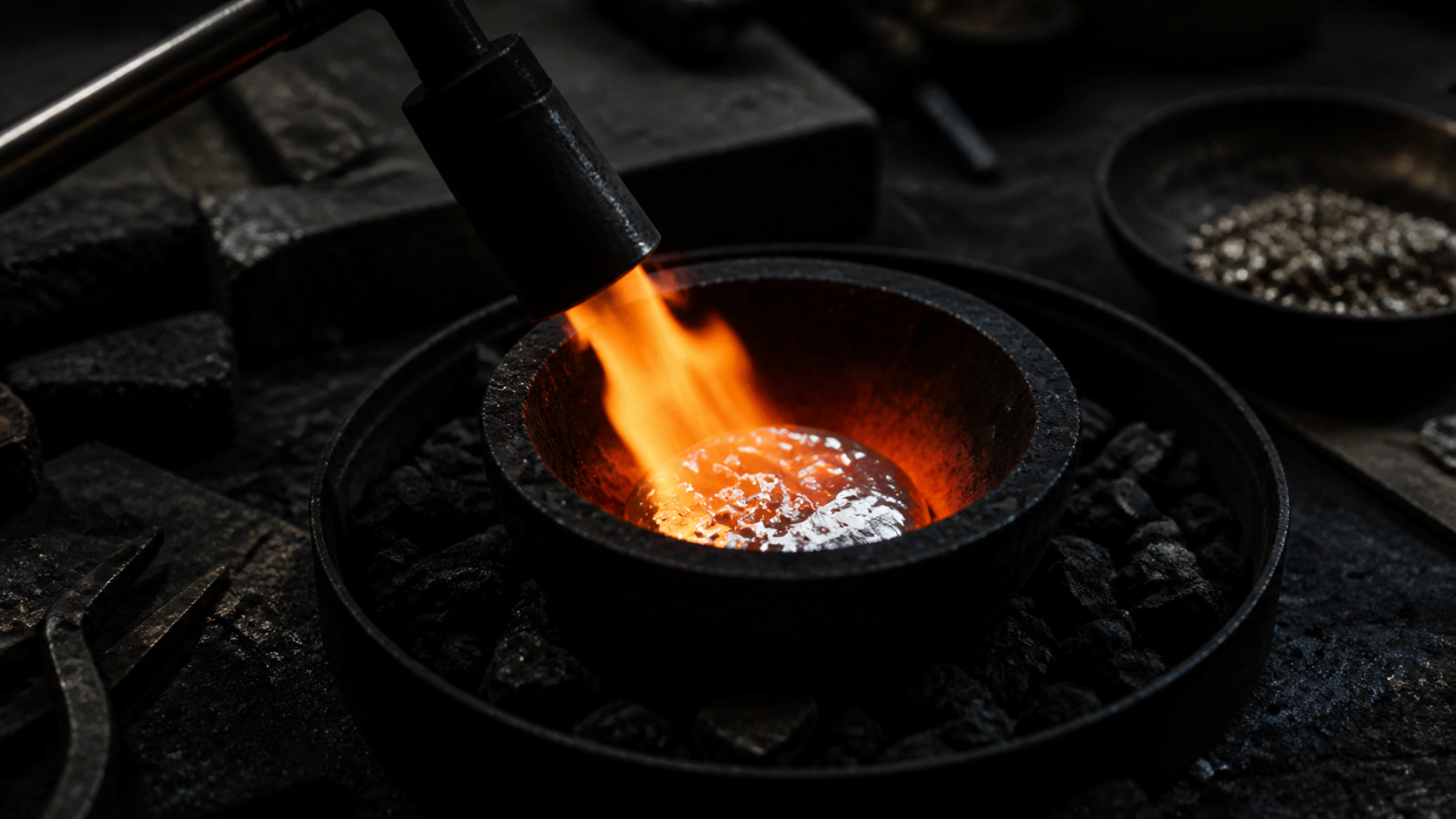 Silver being melted in a crucible under a jeweller's torch